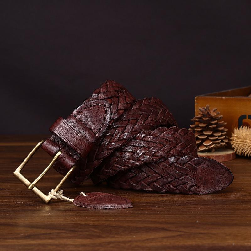 New Handwoven Polished Vegetable Tanned First Layer Cowhide Woven Leather Belt Men'S Casual Jeans Belt Women'S