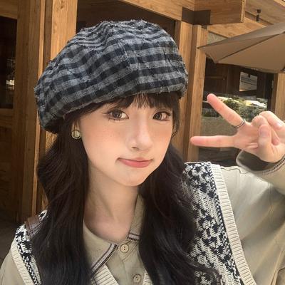 Retro Literary Plaid Beret Women's Autumn and Winter New Versatile Face-showing Small Octagonal Hat Temperament Painter Hat Pumpkin Hat