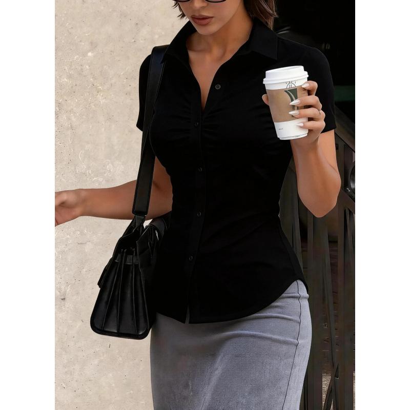 

Womens Solid Color Ruched Slim Fit Short Sleeve Button Down Shirt S