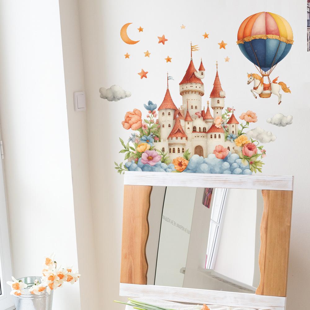 Self-adhesive Cartoon Castle Flowers Hot Air Balloon Wall Stickers for Kids Room Bedroom Home Decor