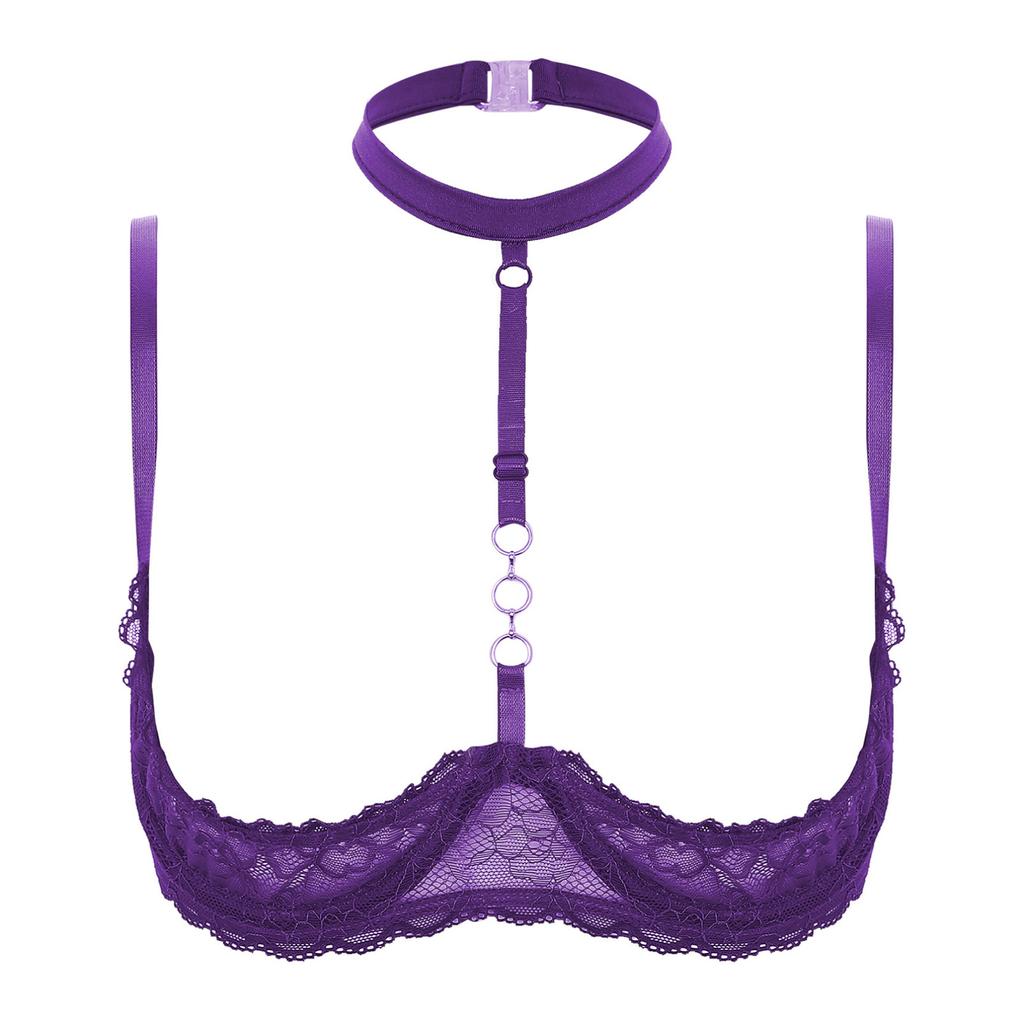 Women's Sexy Mesh Sheer Lace Unlined Bra Halter Neck Shelf Bra Push Up Brassiere Lingerie