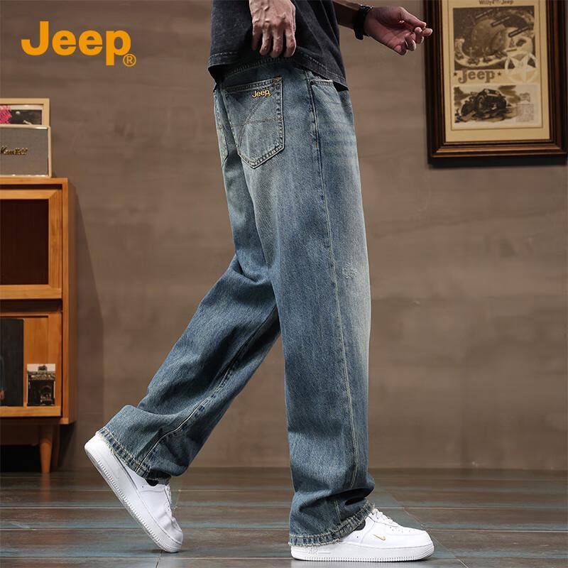 Jeep Men's American Retro Washed Loose Straight-Leg Jeans