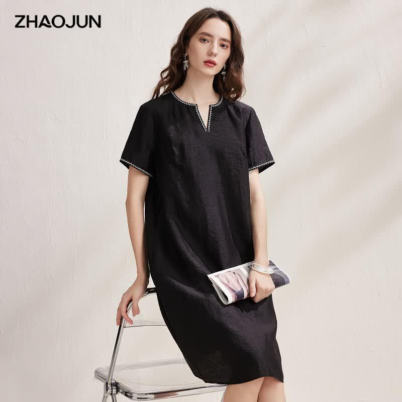 Women's Mulberry Silk Gambiered Canton Gauze Short-Sleeve Dress