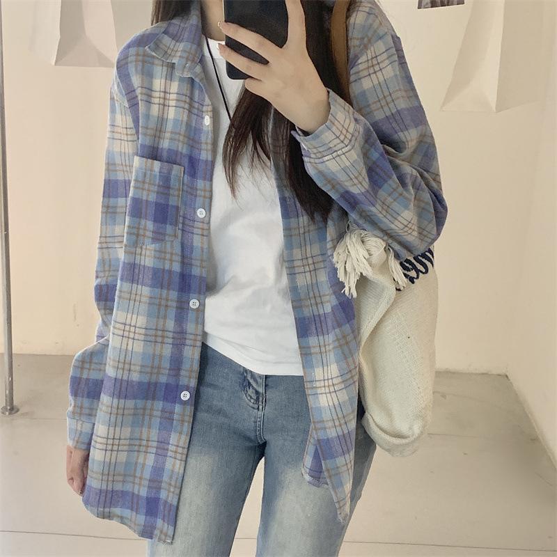 1116 New Spring and Autumn Design Plaid Shirt Jacket Women's New Loose Casual Meat Cover Medium and Long Shirt