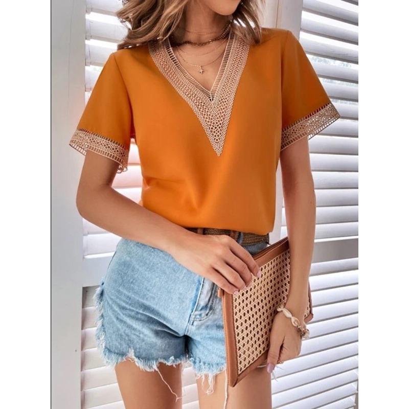 Summer new, women's V-neck lace casual solid color shirt