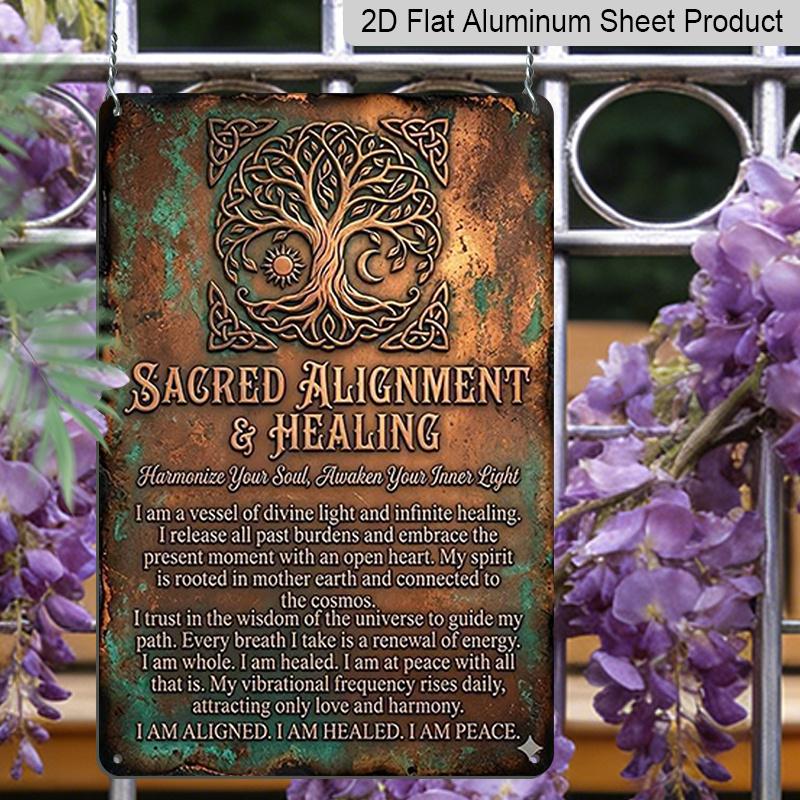 2D Flach, Vintage 7,87*11,8 Quadratische Aluminium-Wandplakette Heiliger Baum Totem mit Heiltext, Ideal für Haus- und Bürodekoration, Wohnzimmer, Café