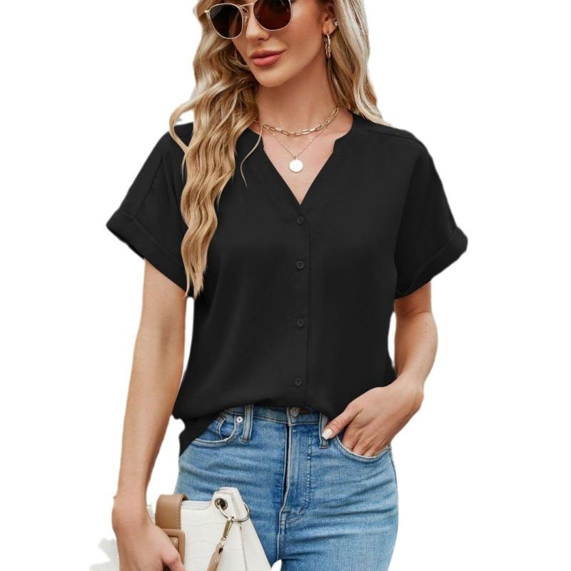 

Новая летняя женская рубашка с коротким рукавом, футболка из ледяного шелка Zou, удобный кардиган с v-образным вырезом, топ S-2XL XXL чёрный