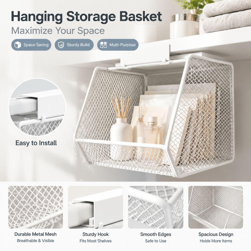 Strong Load Bearing Mesh Organizer Basket No Drill Installation Under Shelf Basket Bathroom