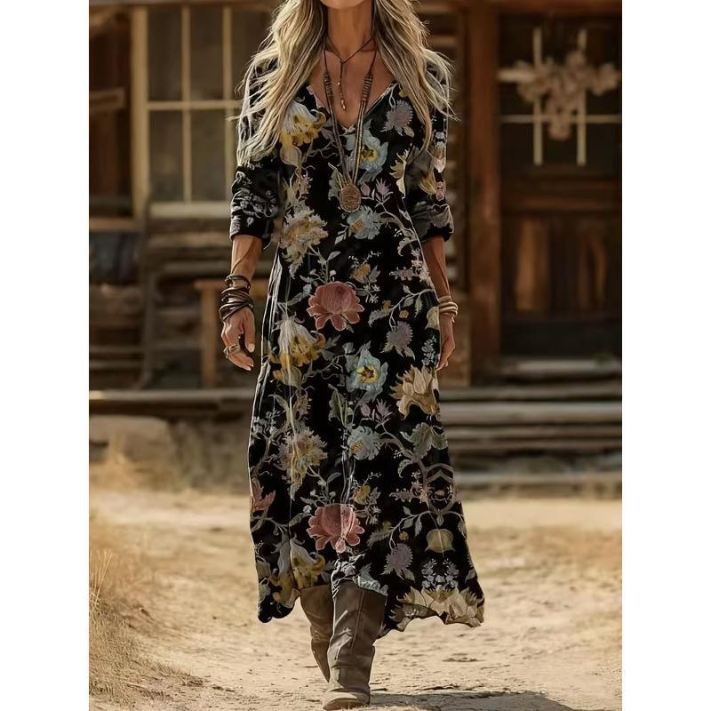 Creative Tie-dye Printing Women's New V-neck Long-sleeved Dress Medium and Long Dress