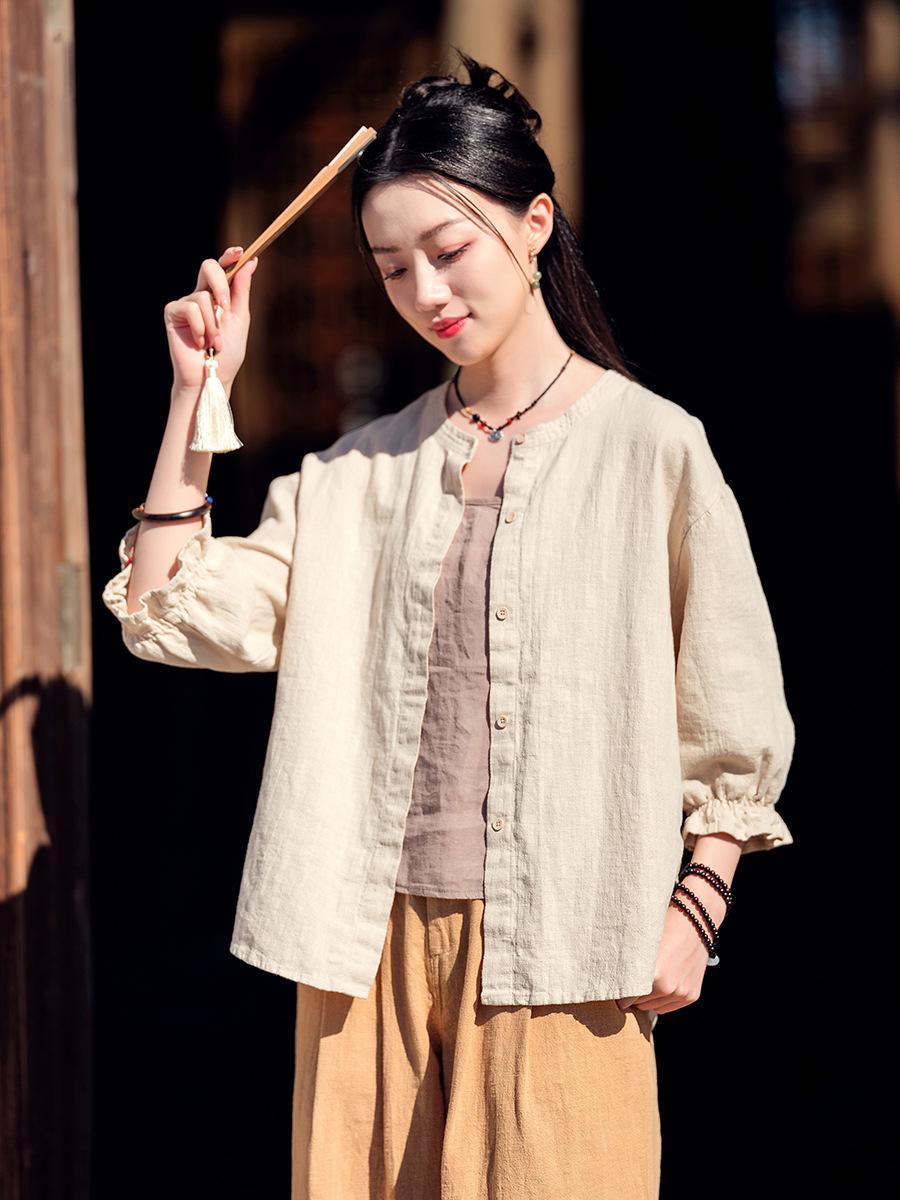 

Johnature женские винтажные рубашки с круглым вырезом и половиной рукава, однотонные блузки, летние рубашки на пуговицах в китайском стиле One Size бежевый