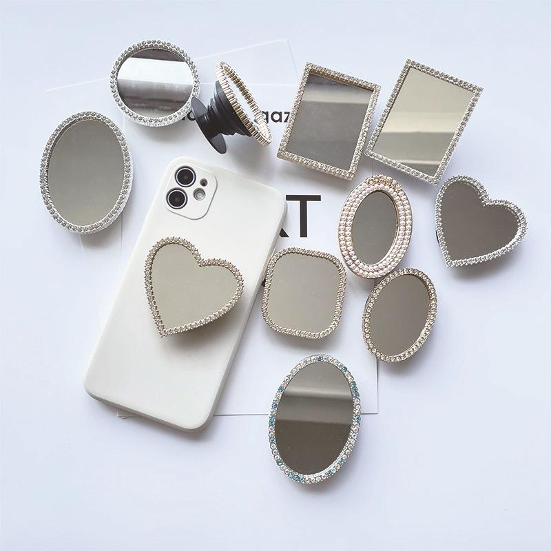 Korean Style Creative Heart Mirror Diamond Phone Stand with Retractable Airbag and Custom Logo
