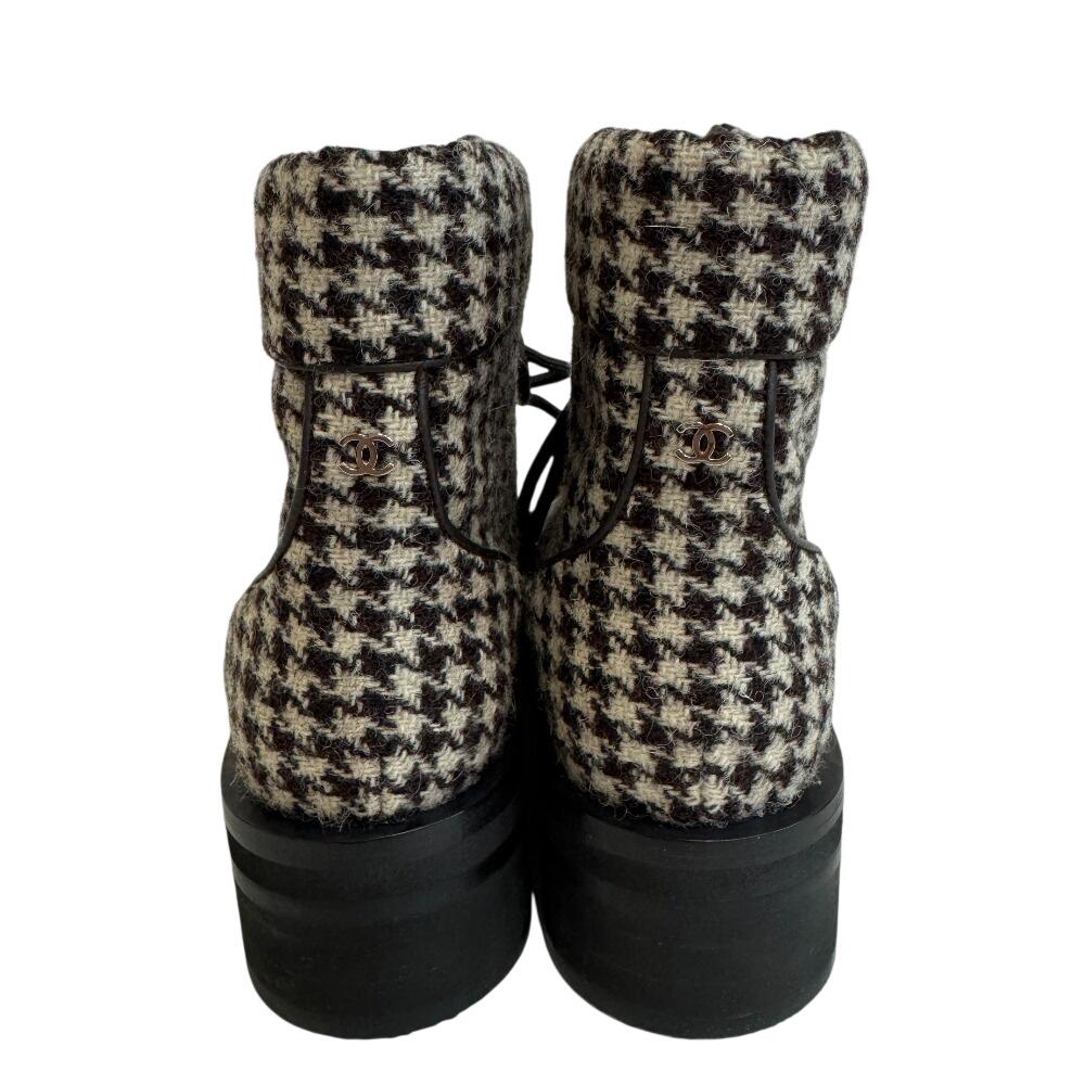 CHANEL G32048 Lace up COCO Mark tweed boots Brown tweed Women Used