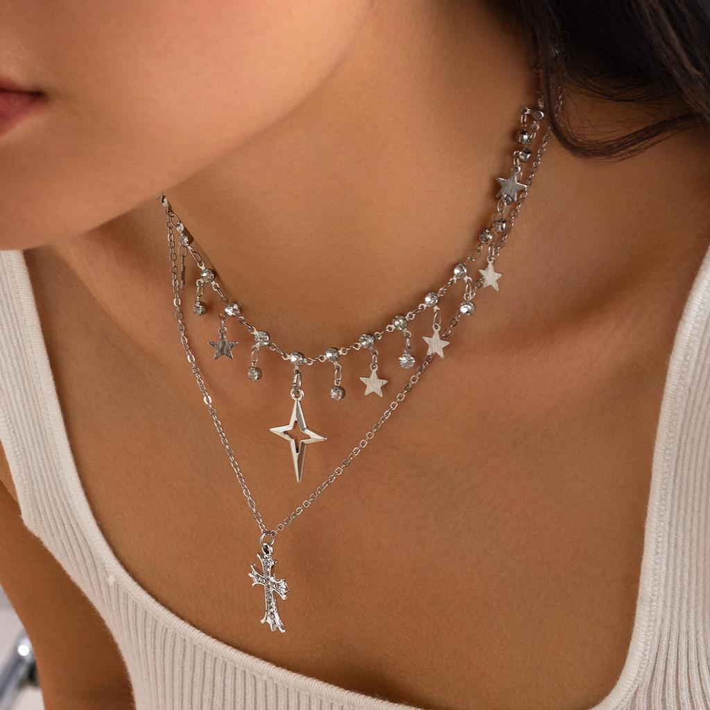 Sweet And Cool Short Cross Star Collarbone Choker Dark Goth Rhinestone Tassel Necklace Women