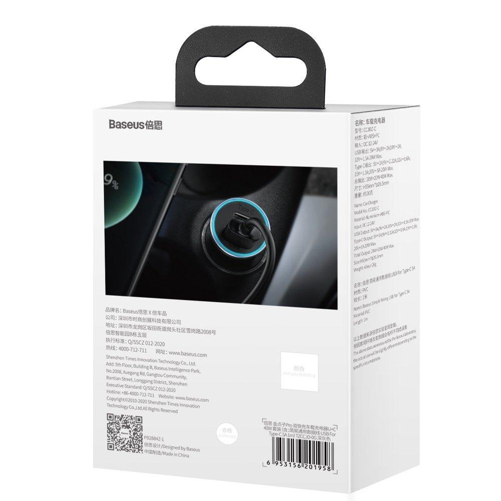 Baseus Pro Dvouportová nabíječka do auta 40W USB-C & USB-A s kabelem - Šedá | Podpora PD QC 4.0+ SCP FCP AFC