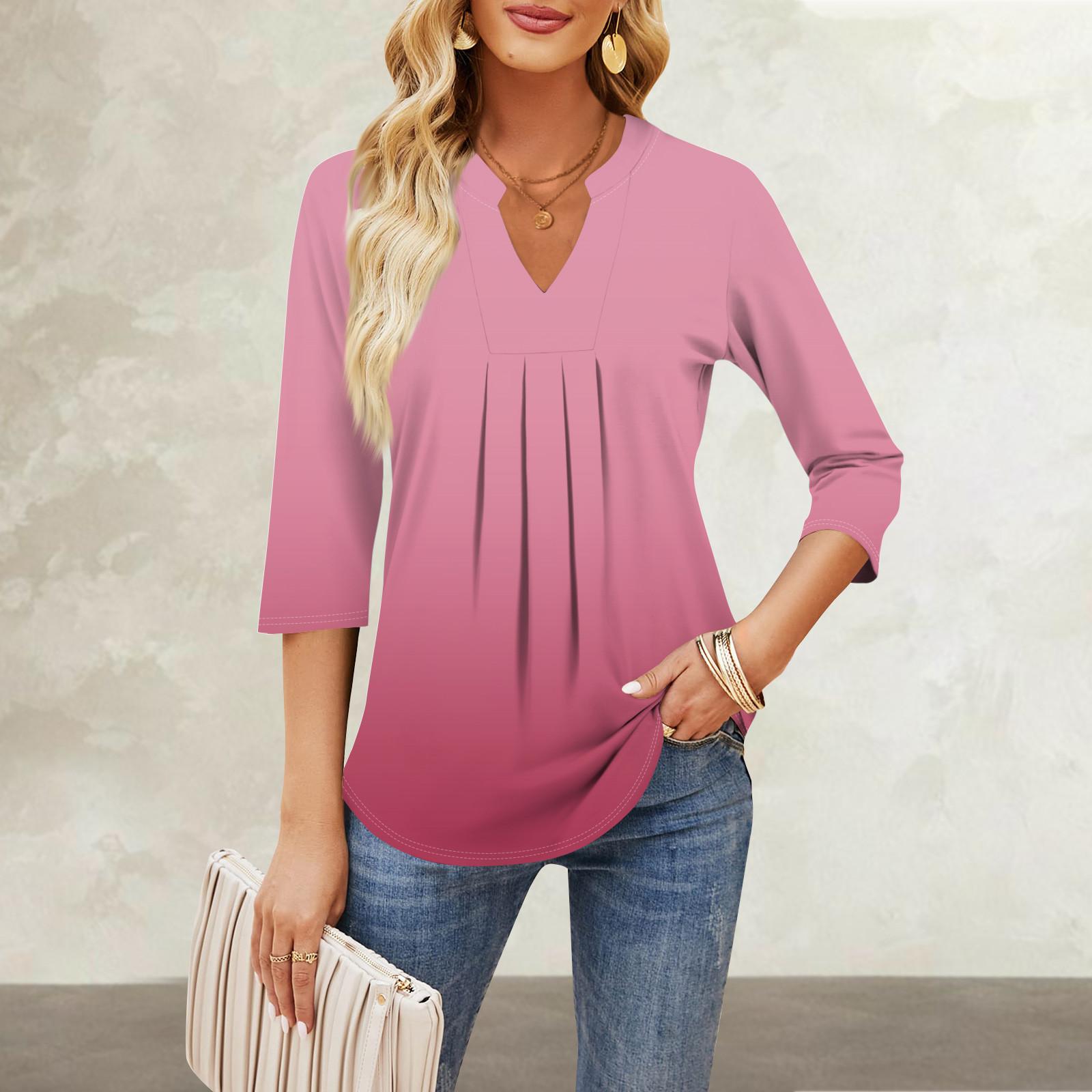 

Женские топы с рукавом семь четвертей, повседневные однотонные свободные футболки с v-образным вырезом и оборками на груди XL арбуз красный