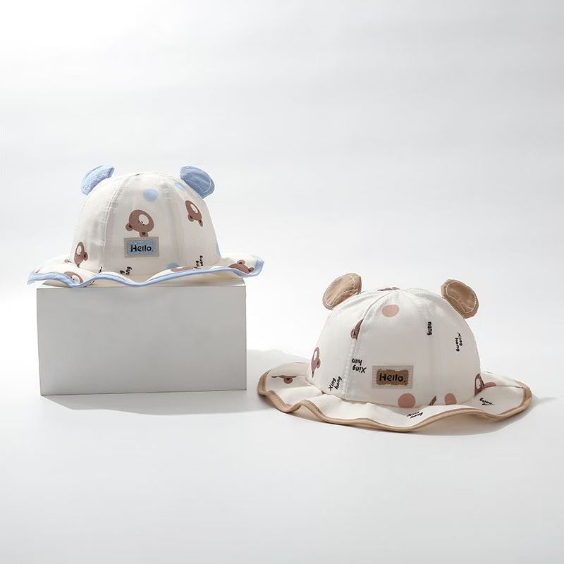 Kids Sun Hat With Large Brim Cotton Cartoon Bear Pattern For Baby Sun Protection