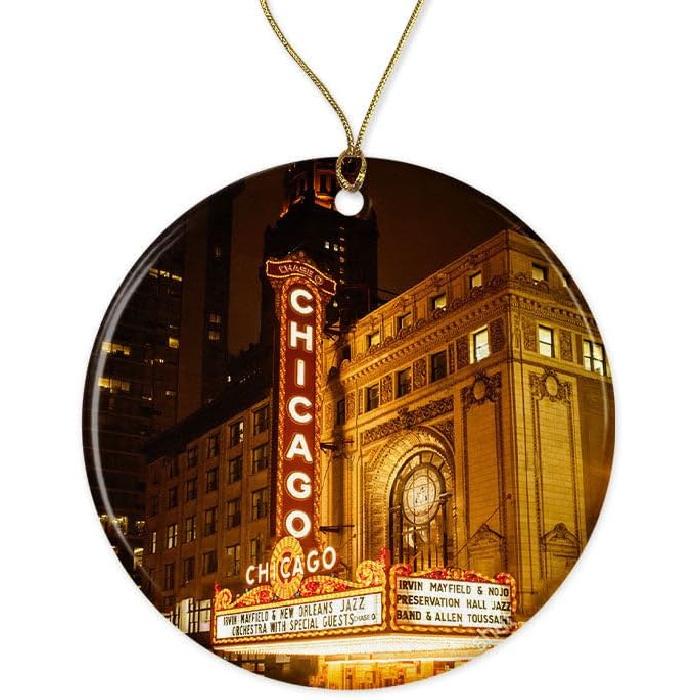 DMCDesigns Chicago Theater Ceramic Ornament - Iconic Marquee Lights at Night for Theater Enthusiasts and Chicago Lovers - Elegant Urban Decor Printed Printed on Both Sides