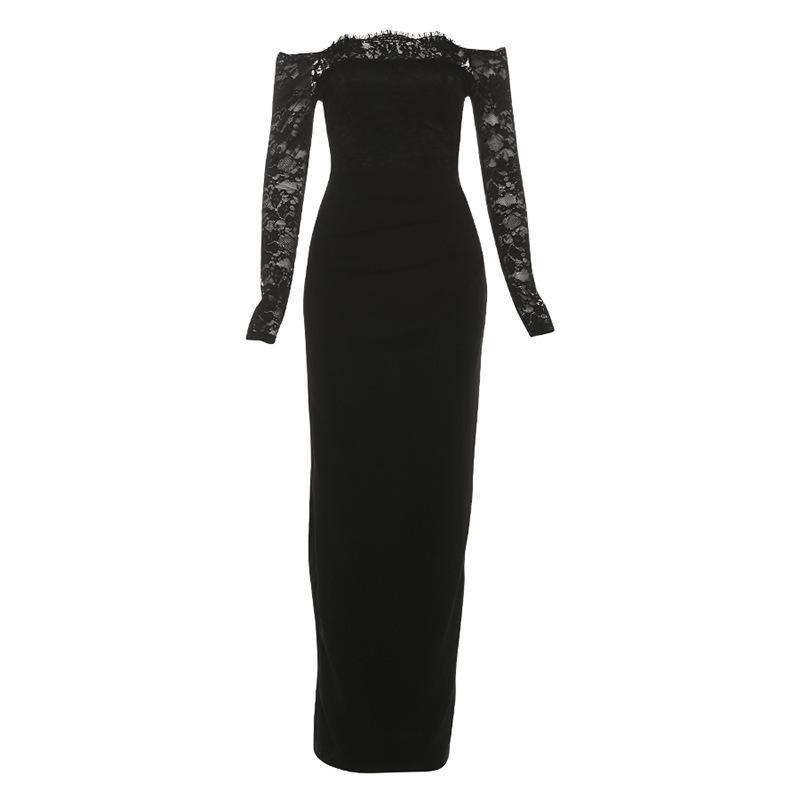 European and American women's clothing 2026 autumn new temperament one-word collar off-the-shoulder long-sleeved lace waist splicing dress