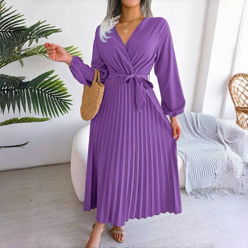 Women Cross Solid Color V Neck Hem Pleated Long Dress For Fashion
