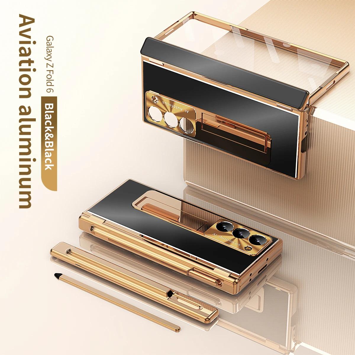 

Металлический чехол из алюминиевого сплава для Samsung Galaxy Z Fold 6 5 4 3 с сенсорной ручкой, кожаный чехол с полной защитой, стеклянная подставка для пленки, складной чехол For Galaxy Z Fold 5