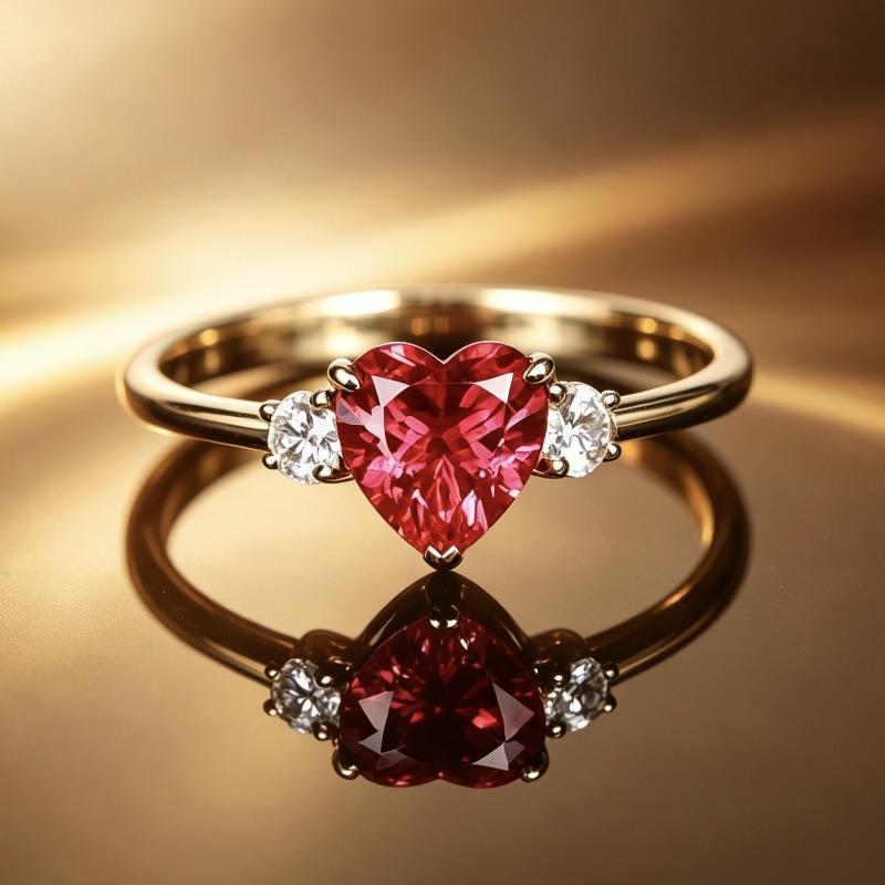 Luxury Inlaid Heart Pigeon Blood Red Garnet Ring Female Cute Sweet Rose Gold Plated Diamond Ring