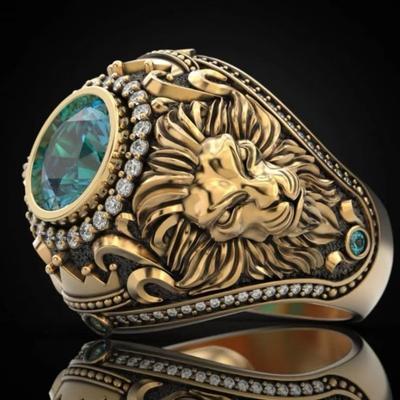 Tem's New Men's Ring, Gold Retro European and American Men's Ring, Lake Blue Diamond Crown Lion Ring.