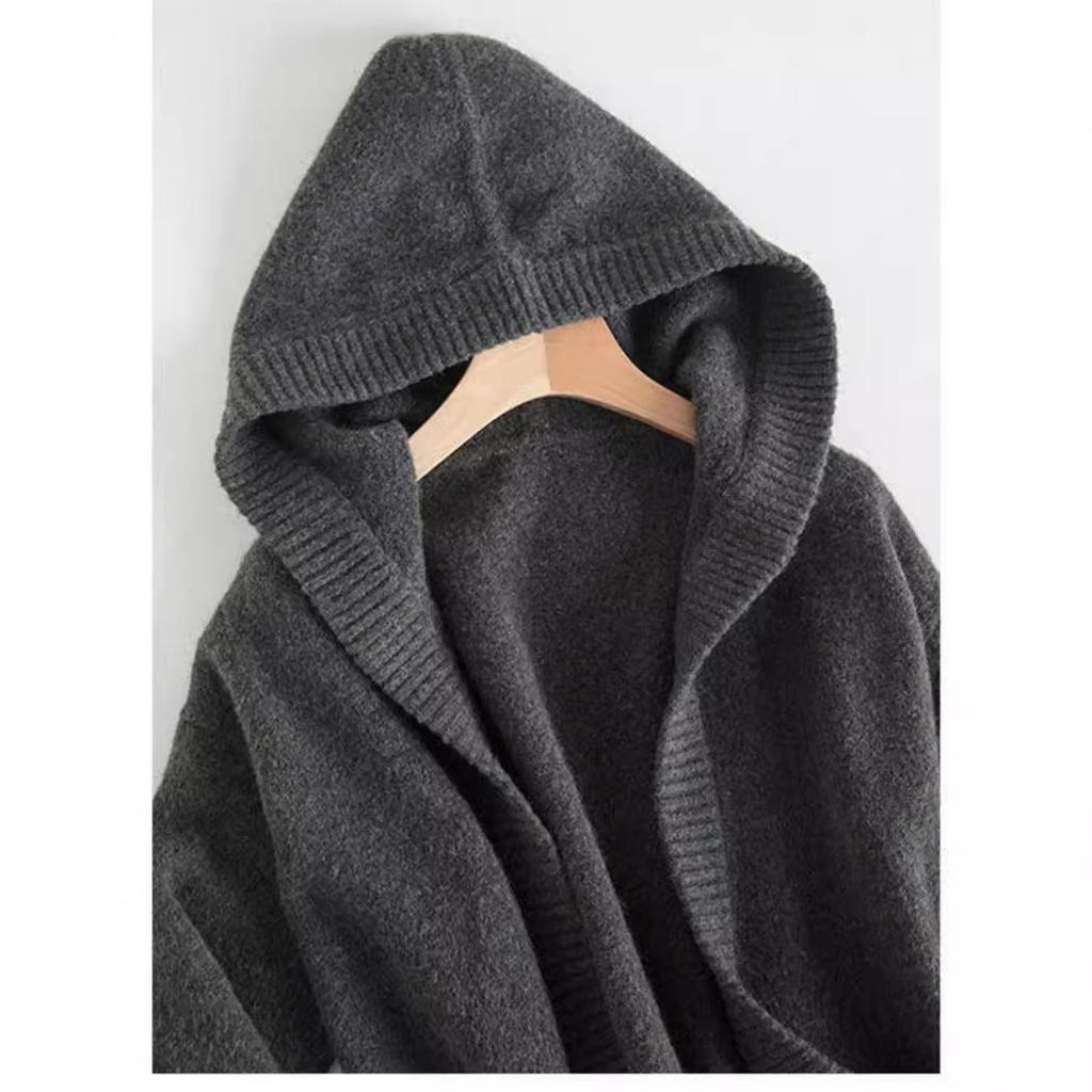 Women's Thicker Long Hooded Wool Cardigan - Warm, Loose Fit Cashmere Knit Outerwear
