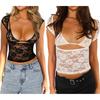 Women's Lace Tops Vintage Cap Sleeve Low Cut Slim Fit T-Shirts + Sleeveless Bralette Set Summer Clothes