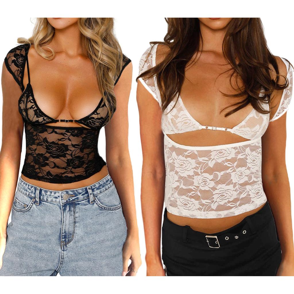 Women's Lace Tops Vintage Cap Sleeve Low Cut Slim Fit T-Shirts + Sleeveless Bralette Set Summer Clothes