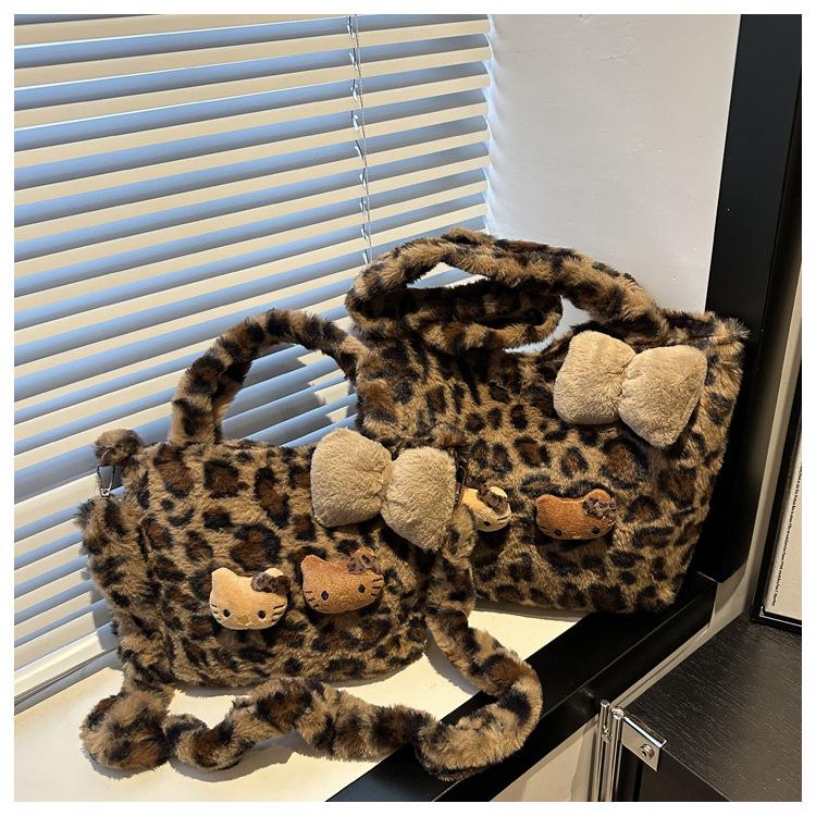 Leopard Print Fuzzy Retro Bucket Shoulder Bag, Large Capacity, Winter 2025 Women's Crossbody Underarm Bag