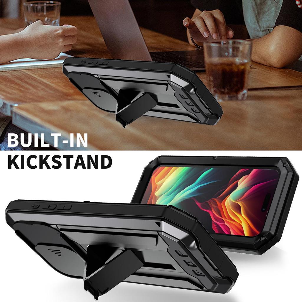 Invisible Stand Metal Tri-Proof Phone Case for iPhone 17/16Pro, Sliding Window Drop-Proof Protective Cover.