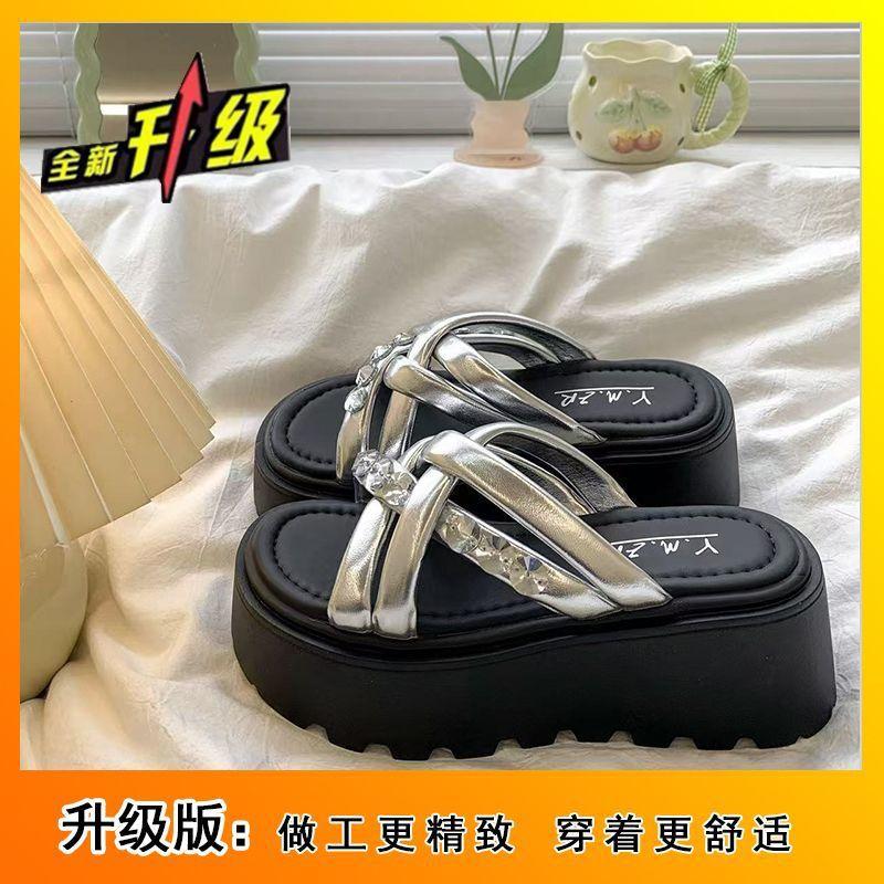Fashion Thick Bottom Heightening One-word Slippers Rhinestone Premium Outer Wear Versatile Non-slip Comfortable New Summer