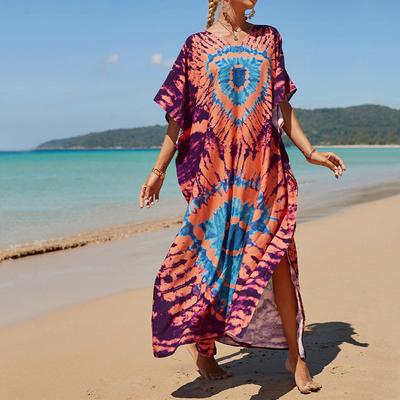 Women's Boho Cover Up, Plus Size Contrast Loose Fit Vacay Beach Kaftan Dress