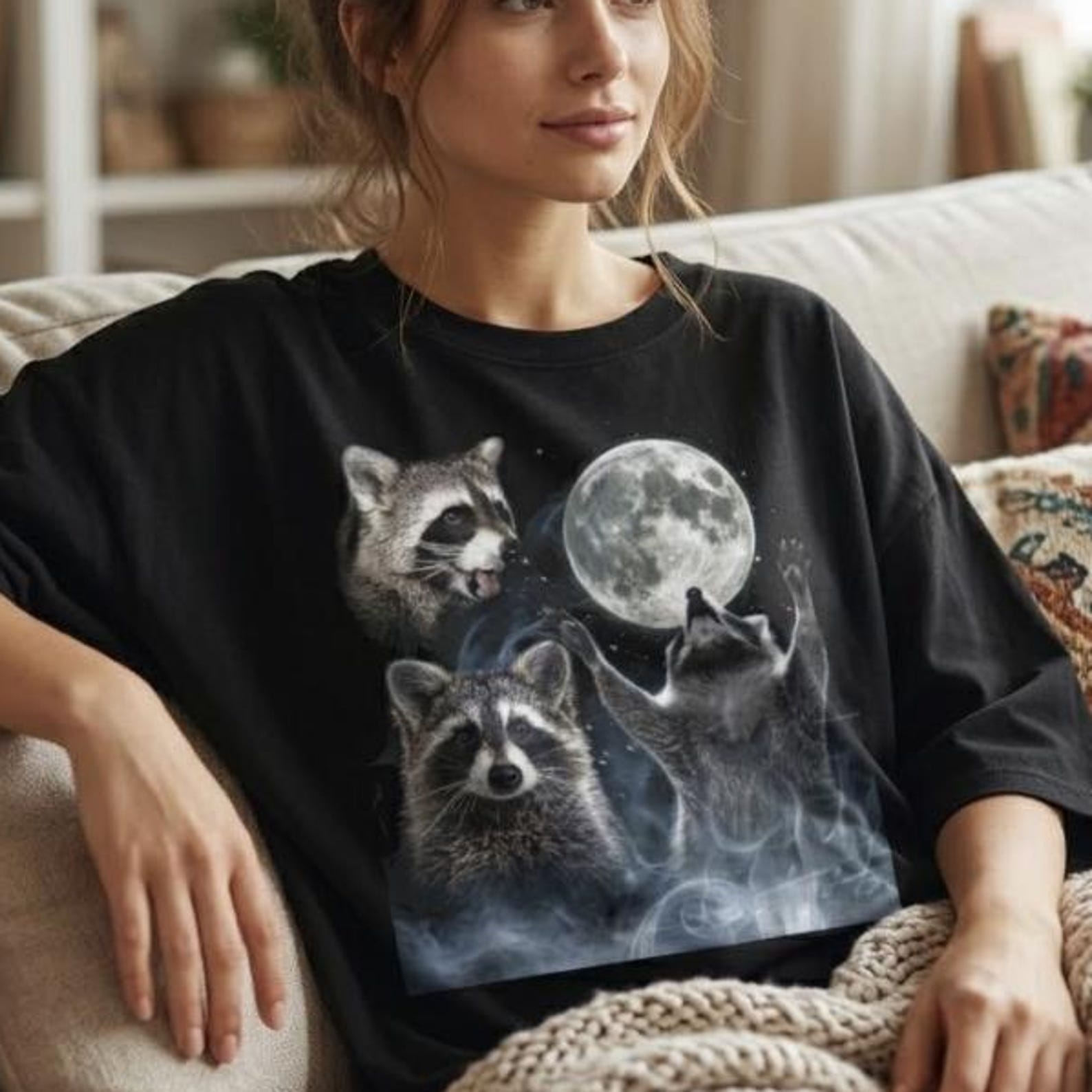Three Raccoon Moon Shirt, Funny Raccoon Howling Tee, Cute Trash Panda Graphic T-Shirt, Celestial Moon Wolf Parody, Gildan 5000 Comfy Top XL