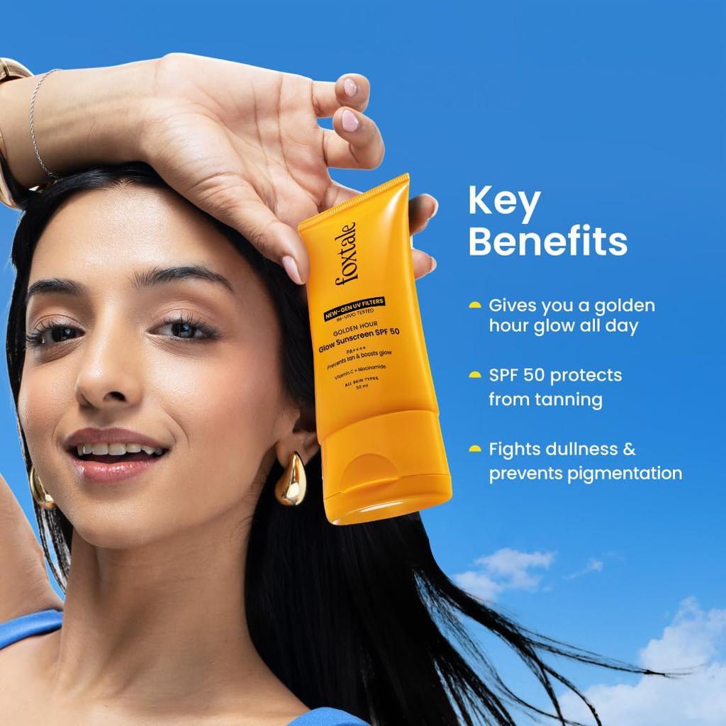 Foxtale Glow Sunscreen SPF 50 PA++++ with Vitamin C & Niacinamide, In-Vivo Tested, Sensitive-Skin Friendly, Made with 100% New-Gen Filters, Light