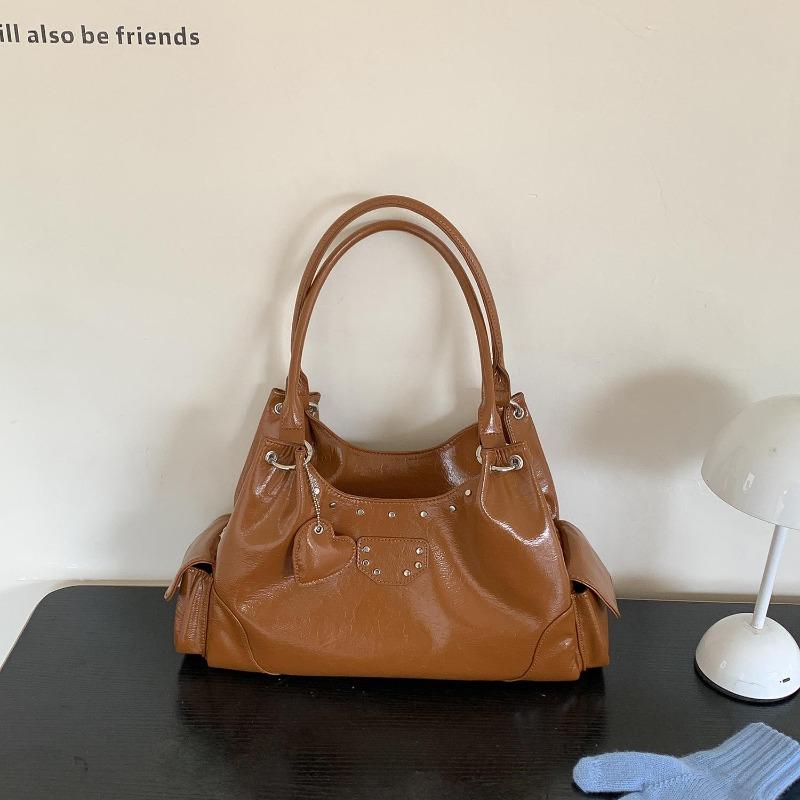 

Retro work commuter bag, new handbag, large capacity rivet love shoulder bag коричневий
