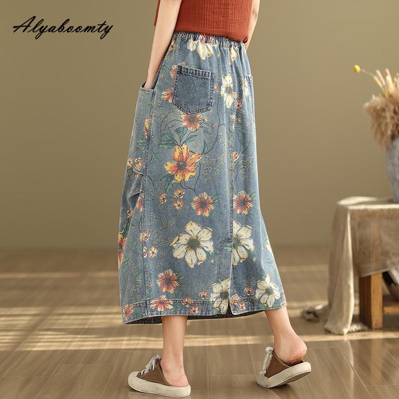 Mori Girl Spring Autumn Women Midi Denim Skirt Elastic Waist Floral Print Vintage Skirt Retro Elegant Ladies's Skirt With Pockets