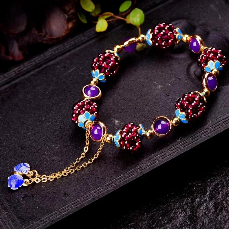 1Pcs Natural Garnet Bracelet With Multiple Circles Fashionable Pomegranate Jewelry Stone Grape Tourmaline Weaving Exquisite Ball