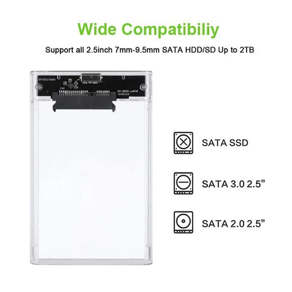 Transparent HDD Case HDD Enclosure 2.5 Inch SSD SATA To USB2.0 Type-C Adapter Portable External Hard Drive Box Tool-Free