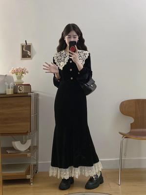 Plus Size Autumn Winter Long Sleeve Retro Lace Collar Patchwork Fishtail Skirt French Dress for Women