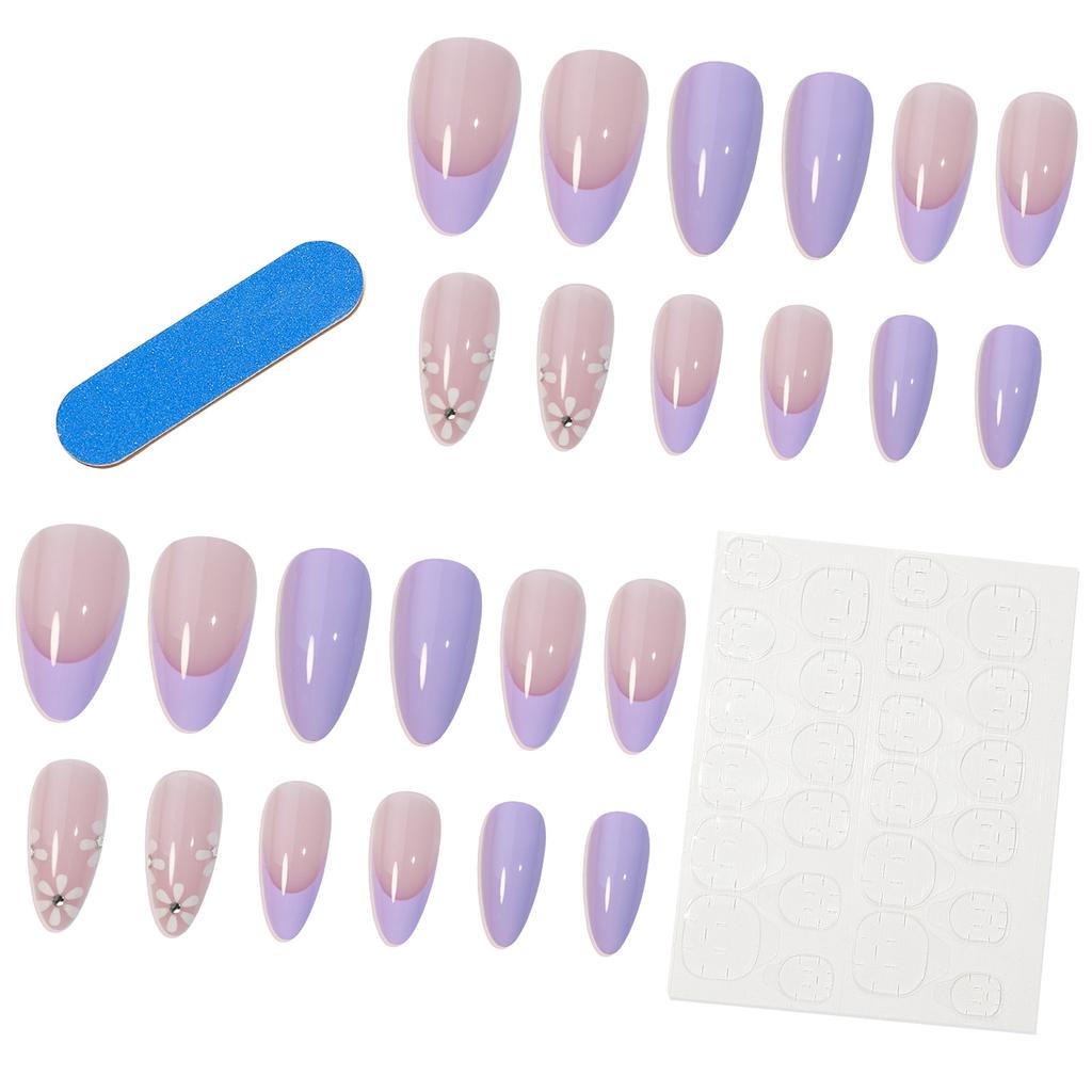 Almond Short Nail Art Wear Nail Purple Flower French Patch Nail Patch False Finger Sticker Extension Nail