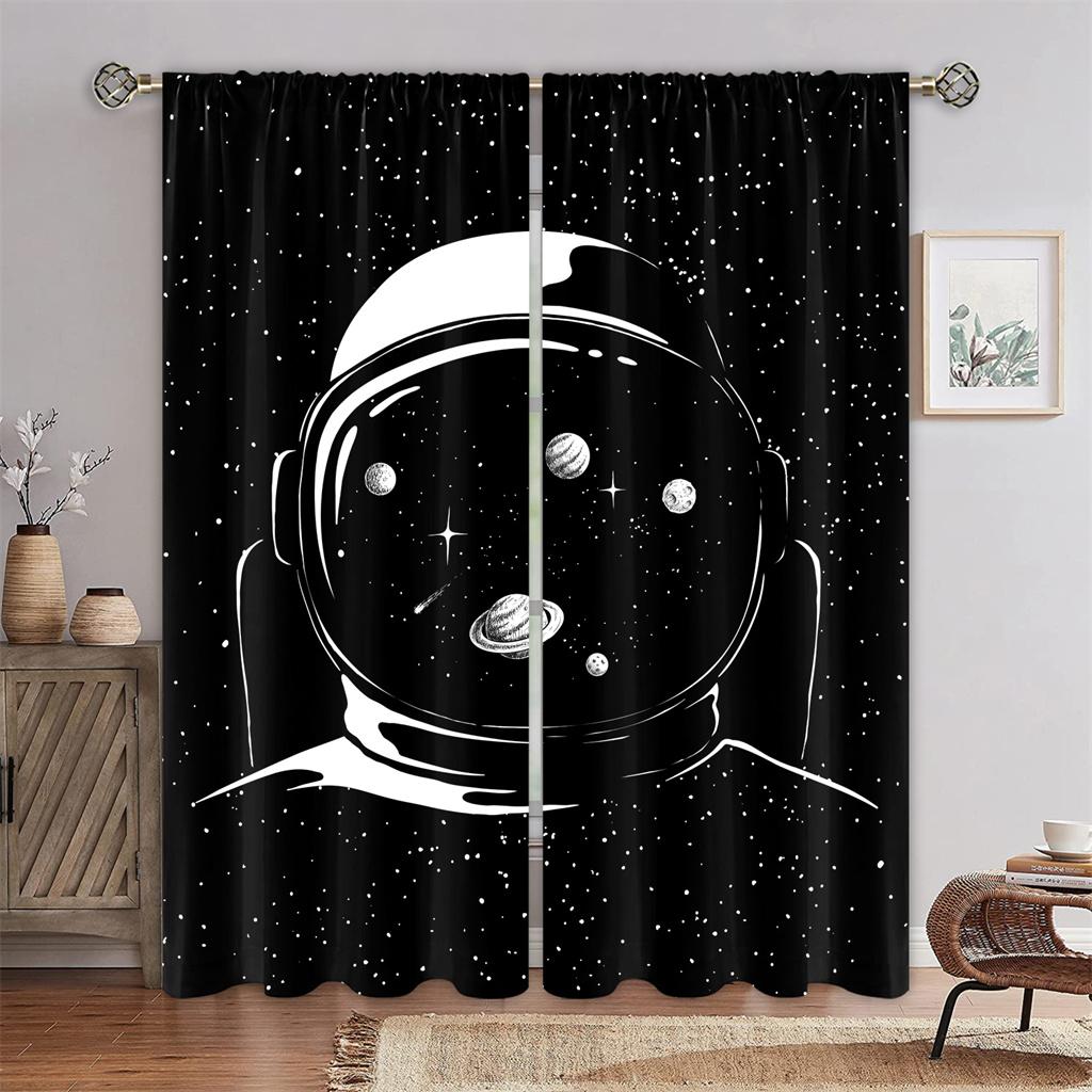 Starry Sky Astronaut Digital Print Realistic Pattern Curtain Bedchamber Children ' S Room 90g Polyester Fiber Curtain Clothtwopiece