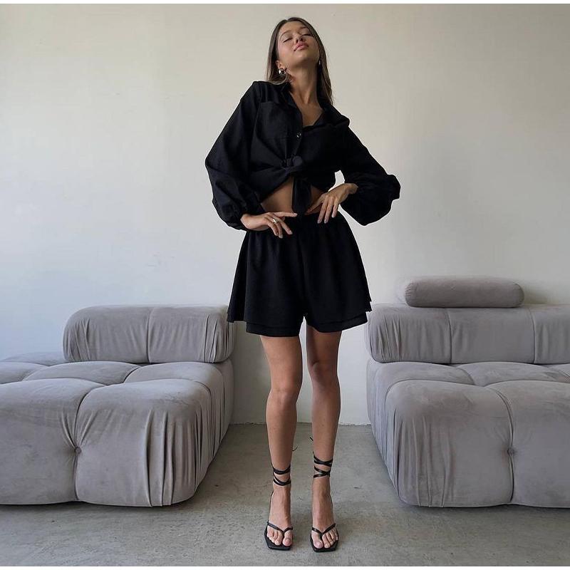 2024 Summer Women's Long-sleeved Tops Ruffled Shorts Casual Fashion Suits
