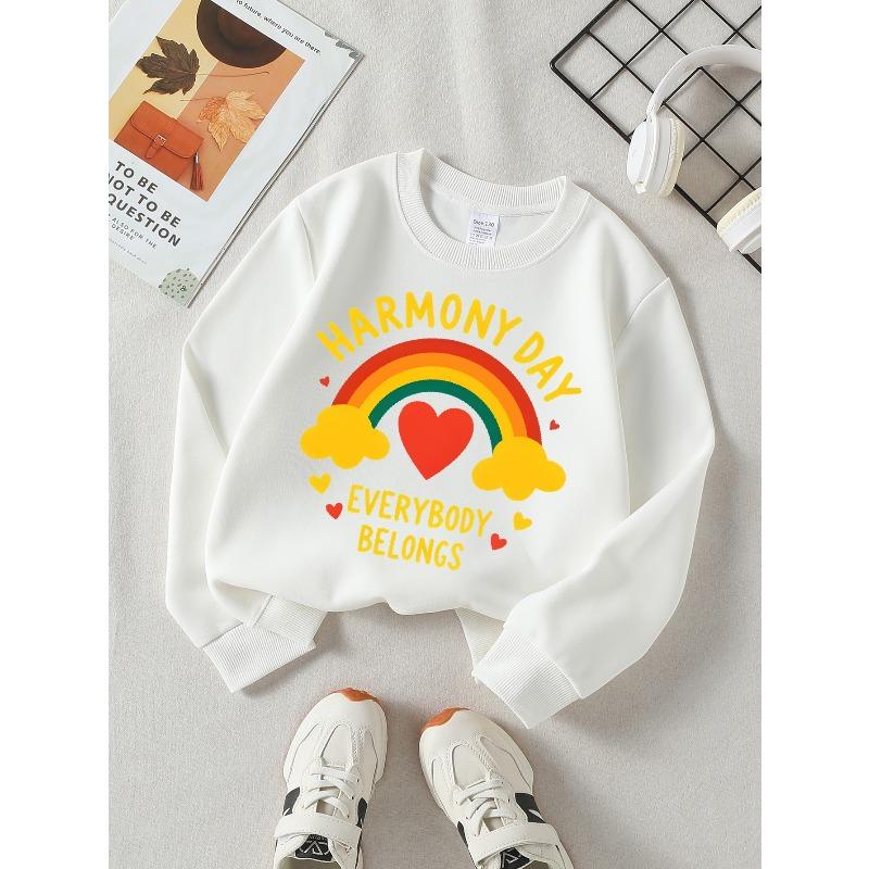 Girls' Long-sleeve Sweatshirt with Round Neck and Printed DesignHarmony Day Rainbow Suitable for Spring and Autumn, Fashionable and Casual