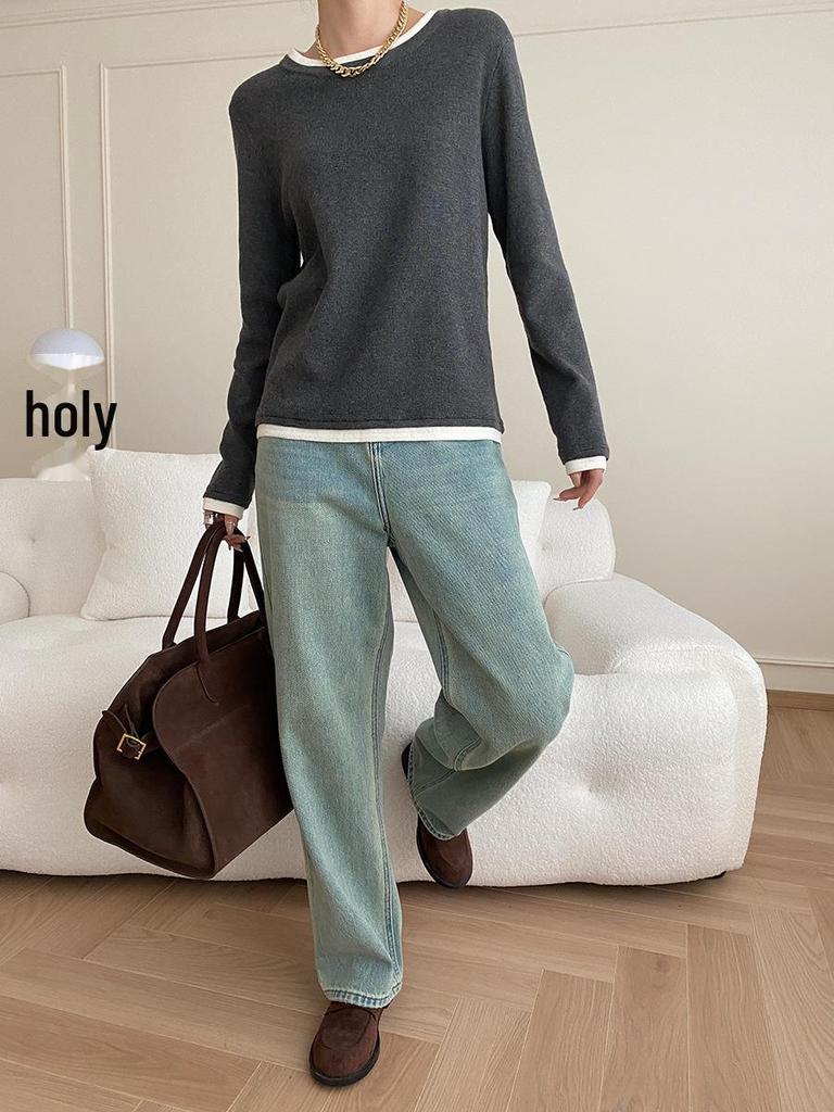Sinan Fashionable Contrast Stitching Two-Piece Look Knitted Sweater, Round Neck Versatile Design SN4834