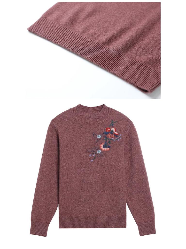 High-Grade Wool Sweater: Semi-High Collar, Fashionable Embroidery, Thick Knit for Middle-Aged/Elderly Women, Winter Warmth.