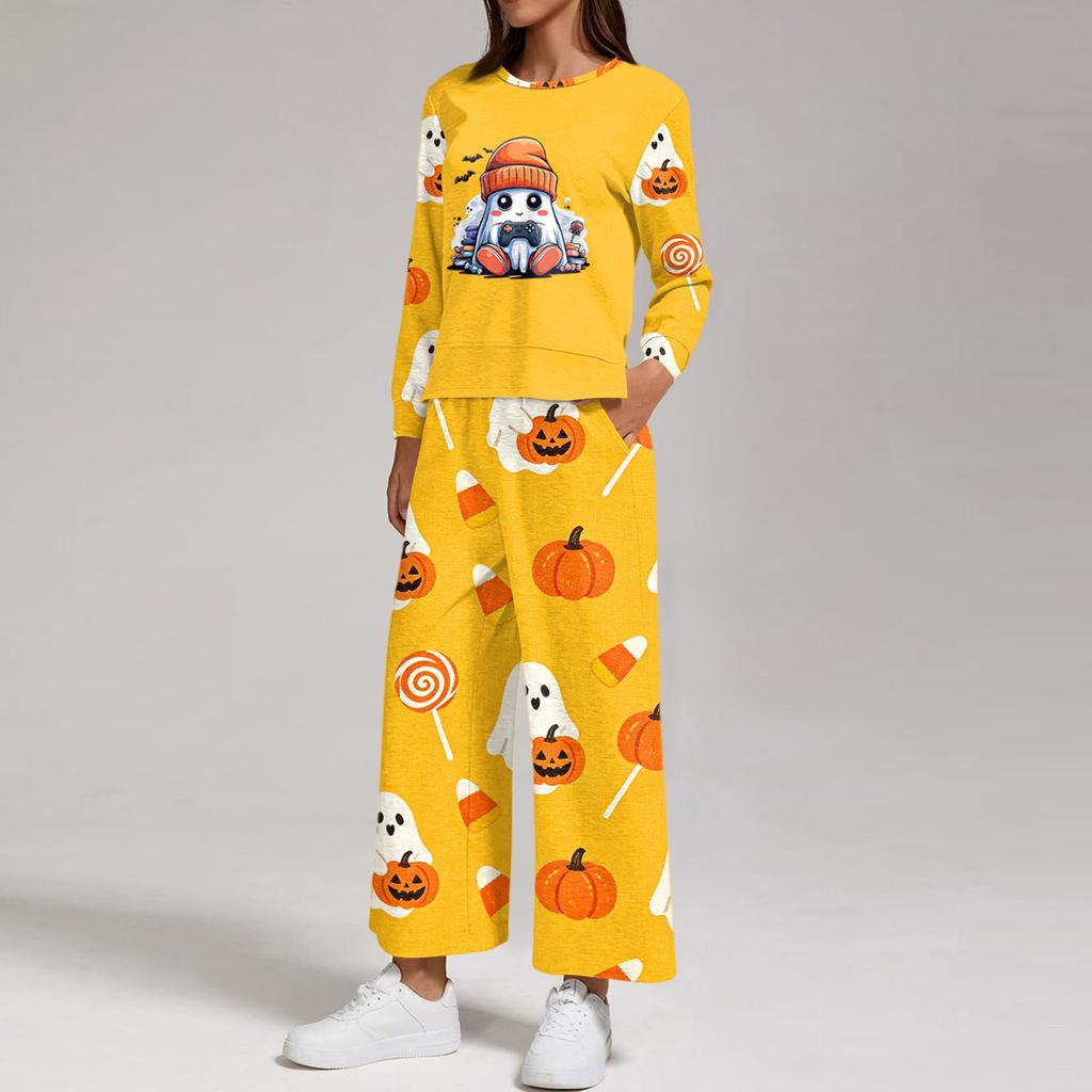 Women's Casual Round Neck Loose Fit Sweatshirt and Pants Set with Halloween Print Hem Slit for Halloween