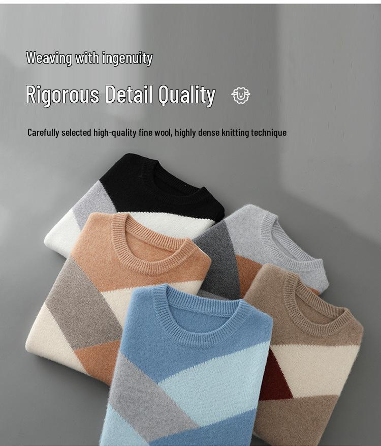 Men's 100% Pure Wool Color Block Cashmere Sweater - Round Neck, Autumn/Winter, Loose Casual/Business Wear