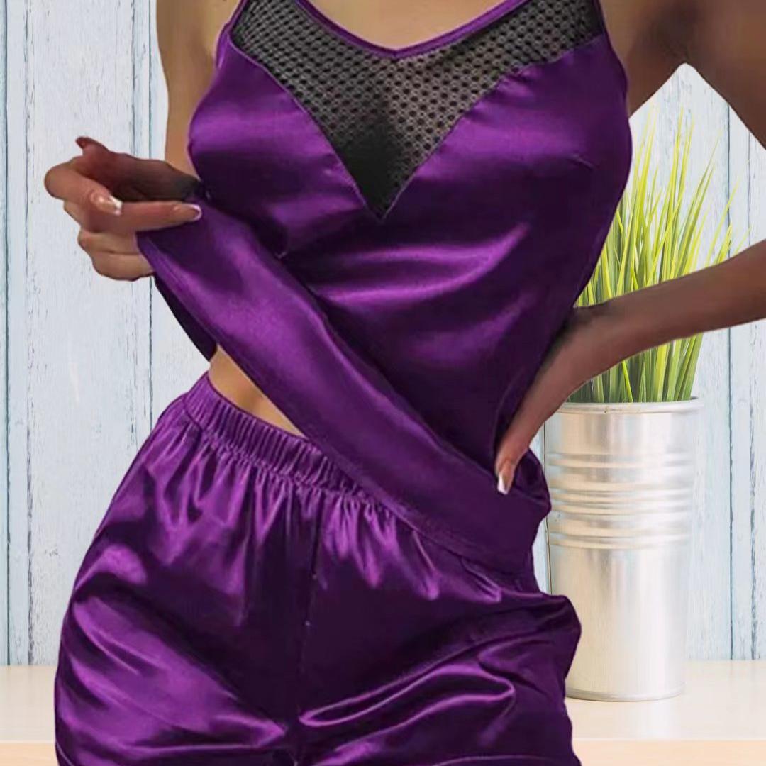 

Комплект пижамы из 2 предметов, летний женский сексуальный кружевной ажурный пижамный комплект, атласные элегантные шорты без рукавов, одежда для сна для женщин XXL фиолетовый