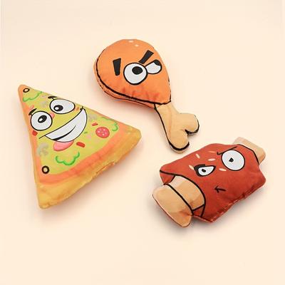 Kauen, Spielen und Kuscheln: 3-teiliges Hundespielzeug-Set mit quietschender Pizza, Hähnchenkeule und Knochen-Plüschspielzeug